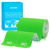 A roll of bright green OKTAPE kinesiology tape is shown next to its packaging box.