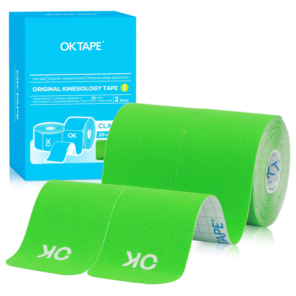 A roll of bright green OKTAPE kinesiology tape is shown next to its packaging box.
