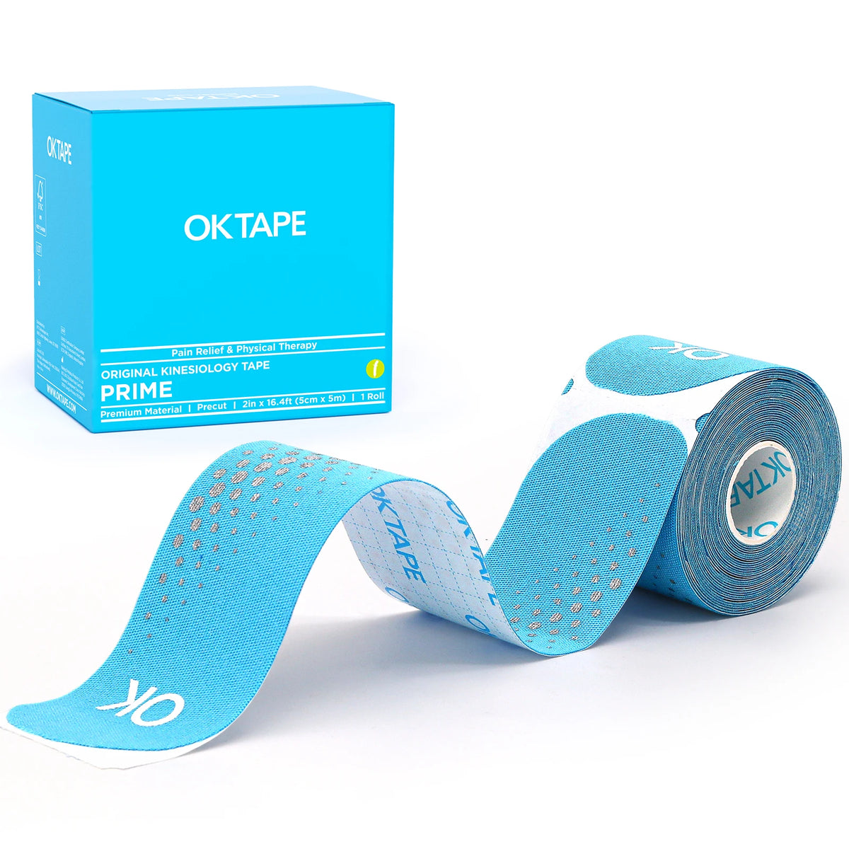 A roll of blue OKtape kinesiology tape is shown next to its packaging box.