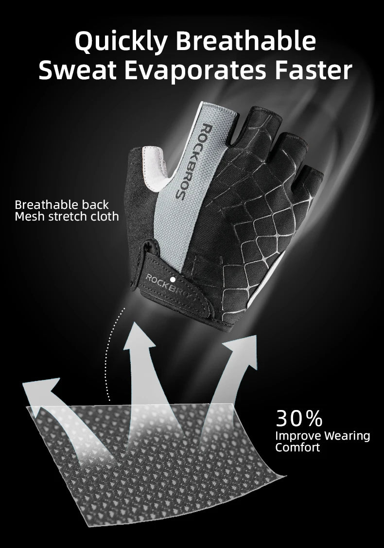 A black silicone glove with a breathable mesh back is shown evaporating sweat, demonstrating improved wearing comfort.