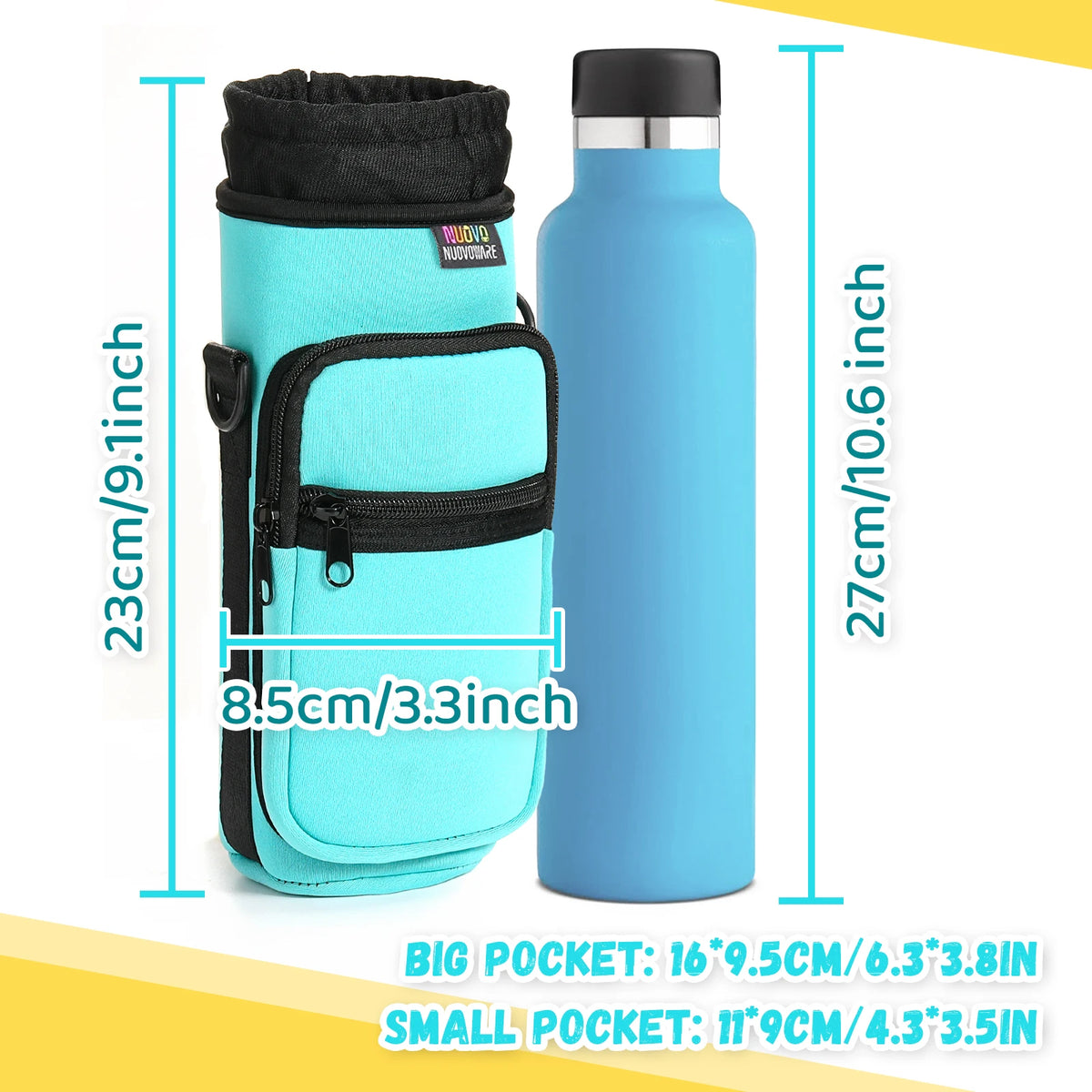 A light blue water bottle is shown next to an adjustable sling carrier bag in a matching turquoise color.