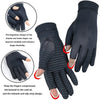 A black arthritis relief glove showing the fingerless design and anti-slip strip features.