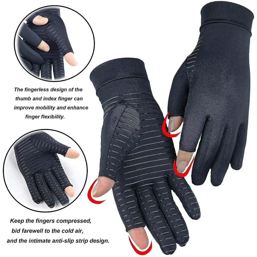 A black arthritis relief glove showing the fingerless design and anti-slip strip features.