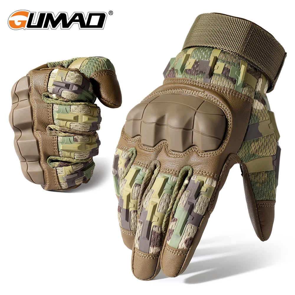 Tactical PU leather cycling gloves in camouflage pattern shown from the palm side