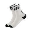 A pair of white performance cycling and running socks with black text and stripes