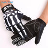 Black cycling gloves with a white skeleton print on the palm and fingers