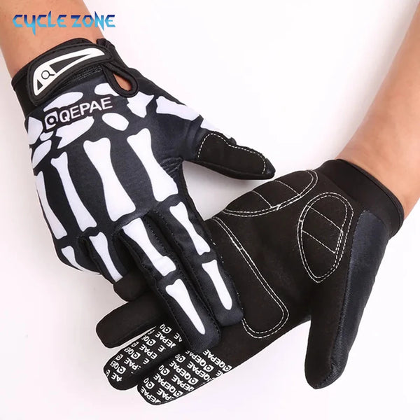 Black cycling gloves with a white skeleton print on the palm and fingers