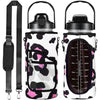 A white and pink leopard print insulated water bottle cover with an adjustable strap.