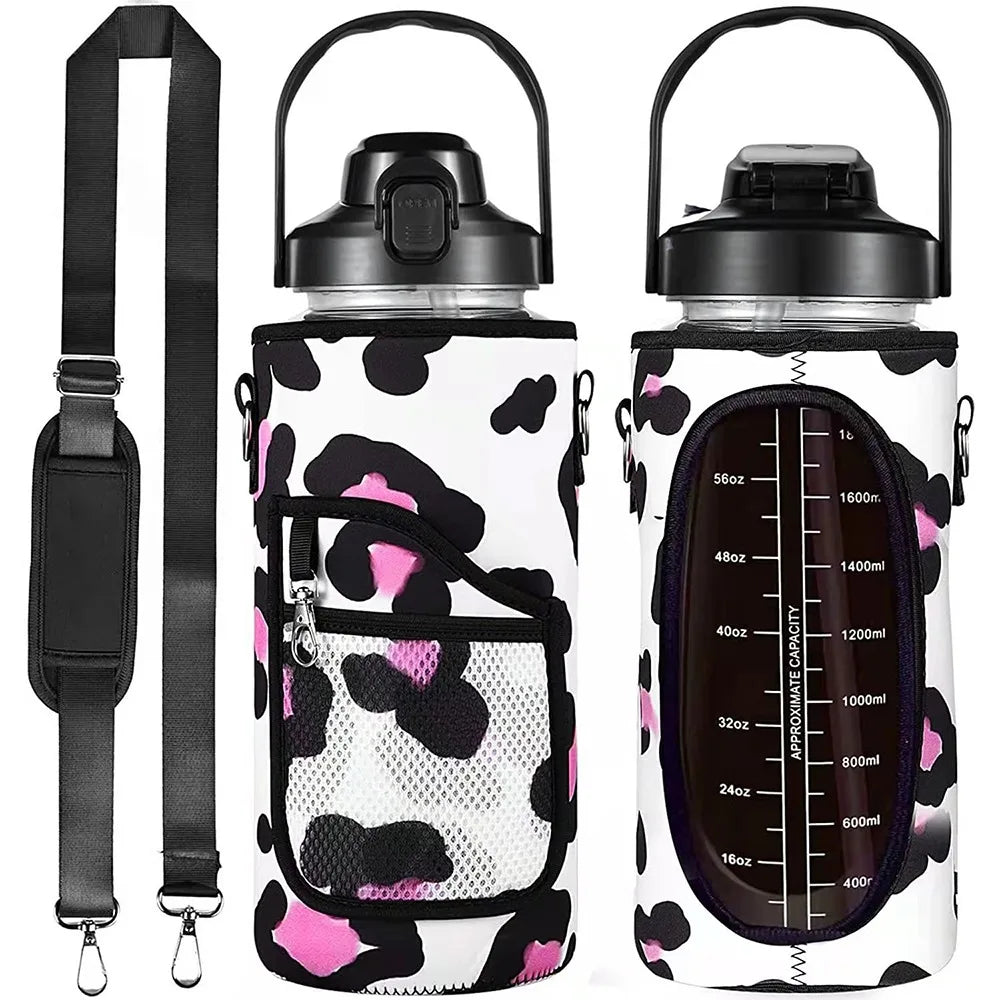 A white and pink leopard print insulated water bottle cover with an adjustable strap.