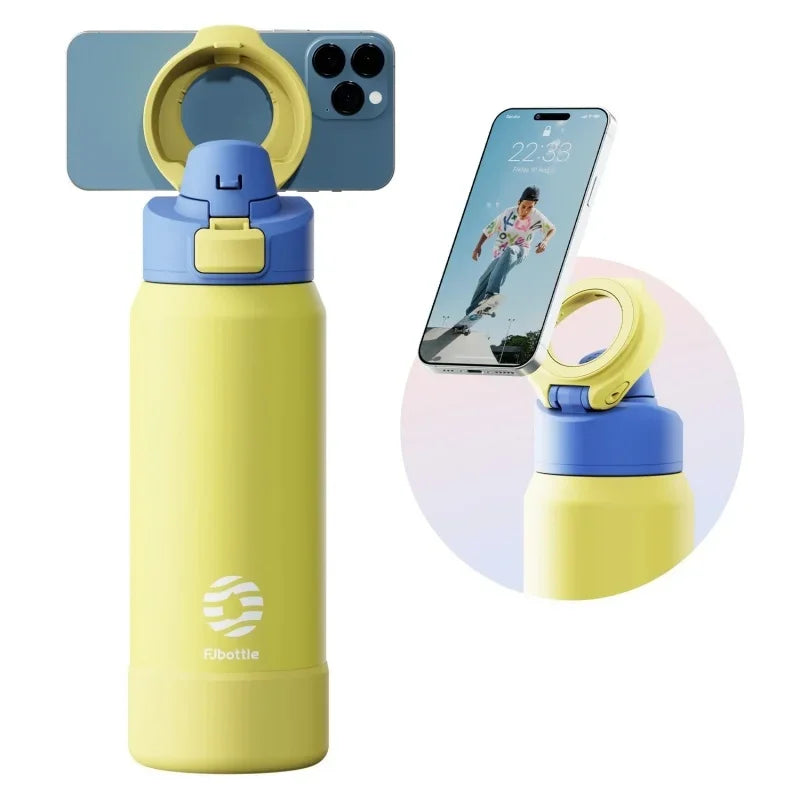 A yellow insulated sports water bottle with a blue magnetic lid and a matching magnetic carrier.