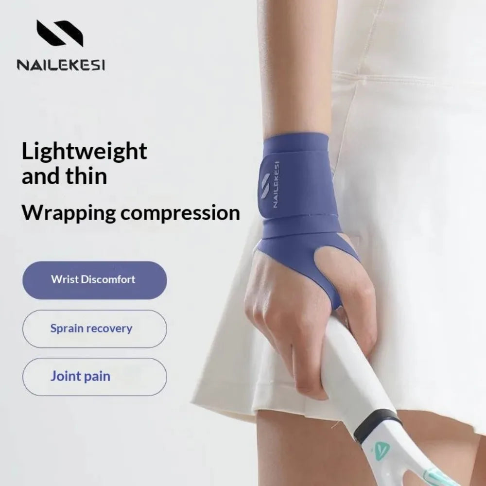 A hand wearing a light blue wrist compression brace for sports and workout recovery.