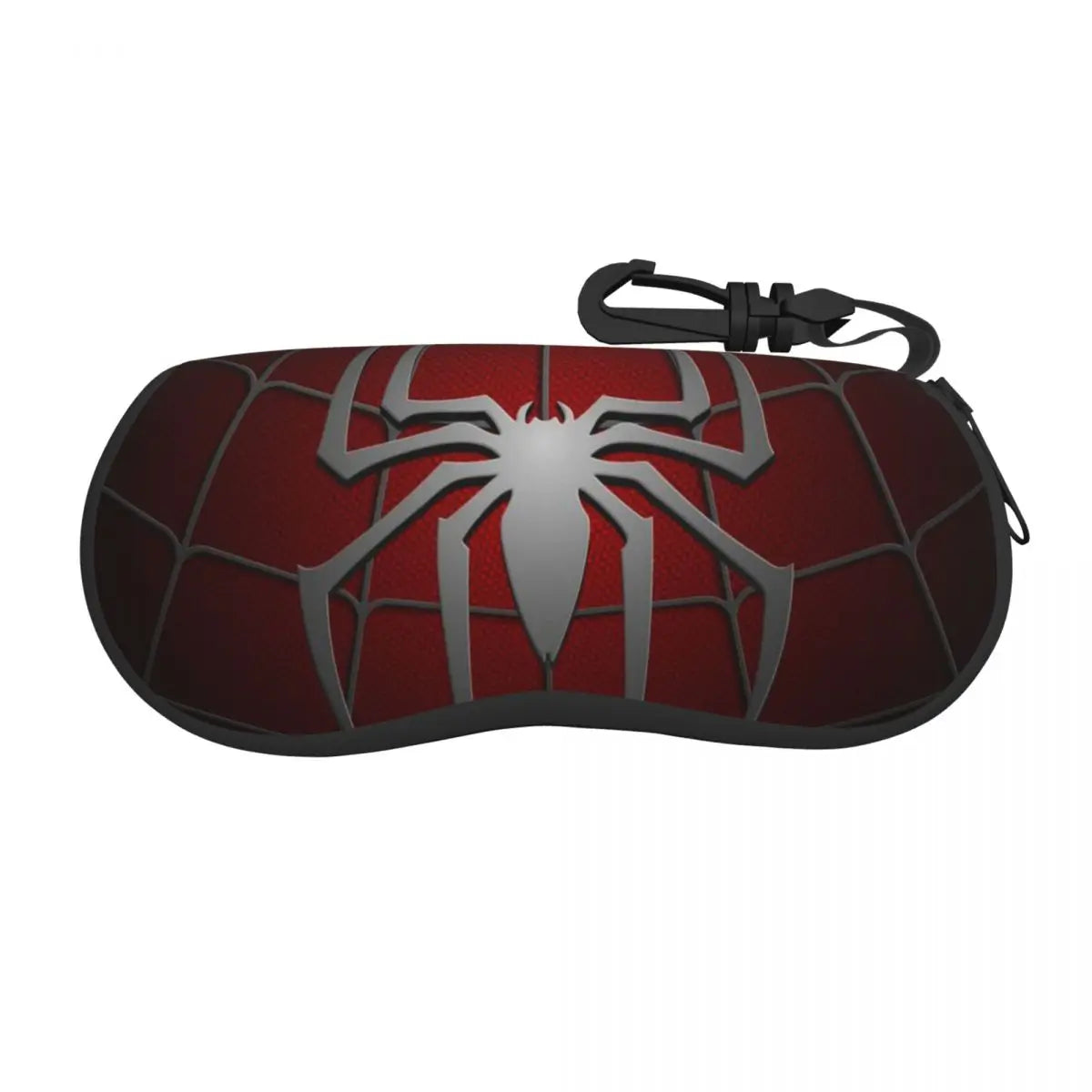 A dark red pouch with a silver spider web design and a black strap.