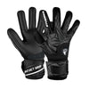 A pair of black latex goalkeeper gloves with a wrist strap and an Atlander logo detail.