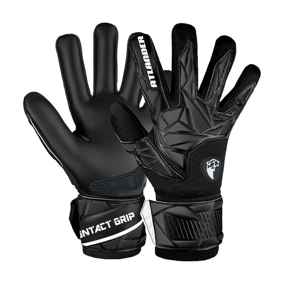 A pair of black latex goalkeeper gloves with a wrist strap and an Atlander logo detail.