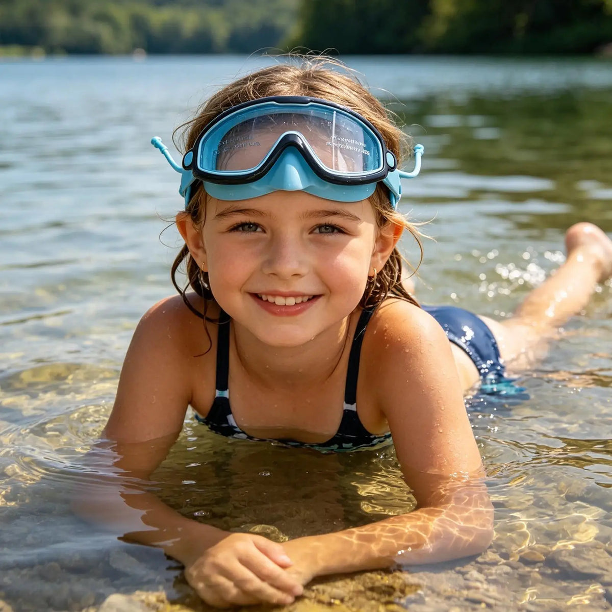A smiling young girl wearing blue swimming goggles in clear water