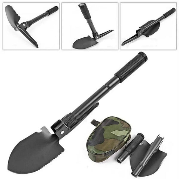 A black foldable multi-tool shovel with various attachments shown alongside its components.