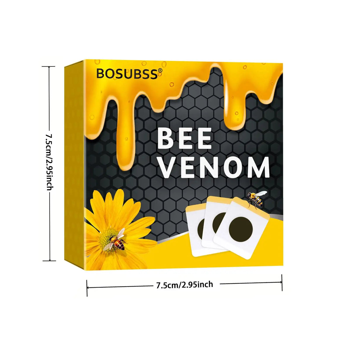 A yellow box labeled BEE VENOM with a honeycomb pattern and dripping yellow liquid, featuring a sunflower design.