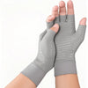 Gray compression gloves for joint support worn on a hand and wrist.