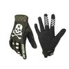 A pair of black full finger motocross motorcycle gloves with a skull and crossbones design.