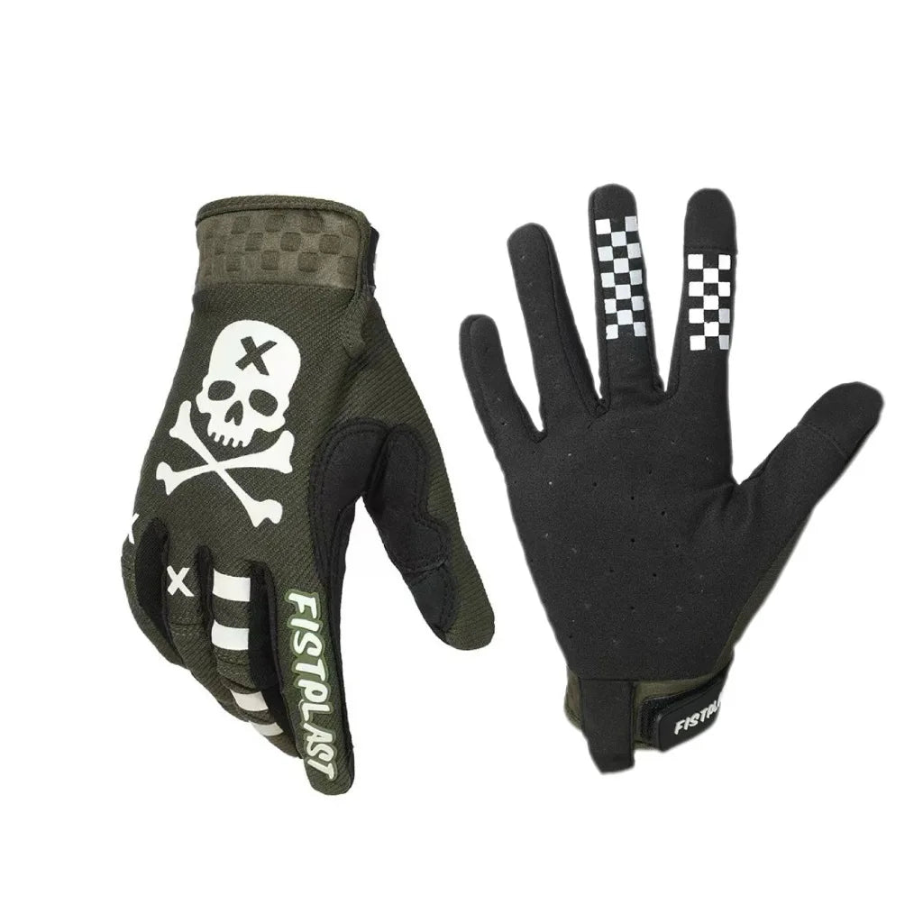 A pair of black full finger motocross motorcycle gloves with a skull and crossbones design.