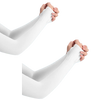 A pair of white ice silk arm sleeves being worn or held, showing the fabric and fit.