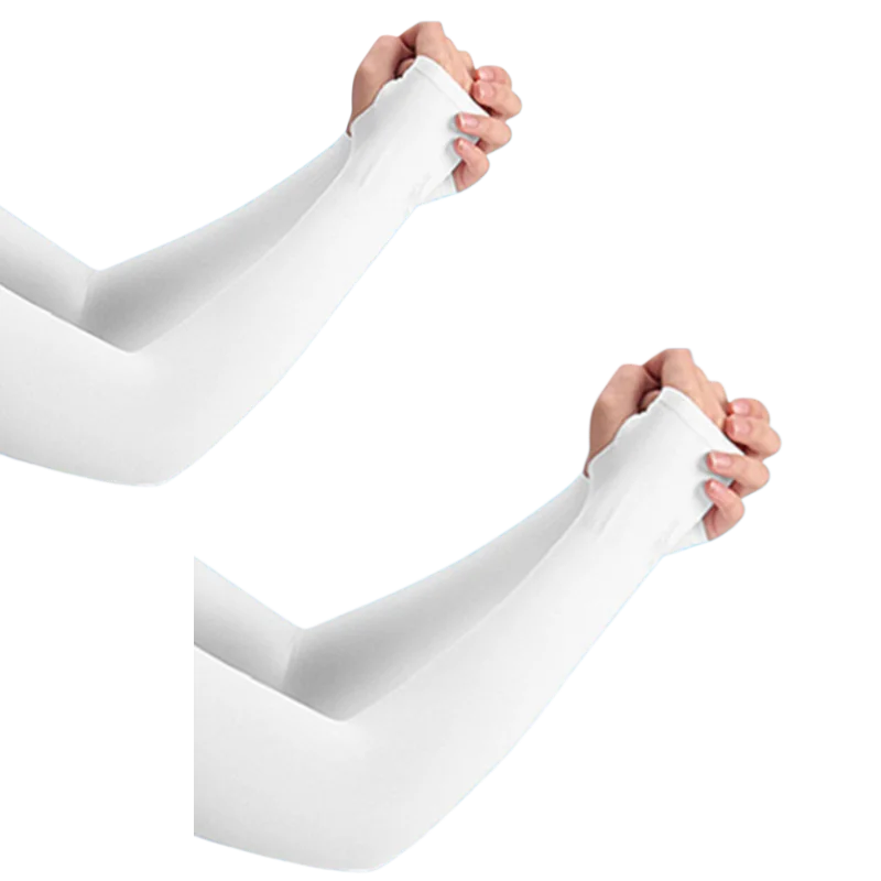 A pair of white ice silk arm sleeves being worn or held, showing the fabric and fit.