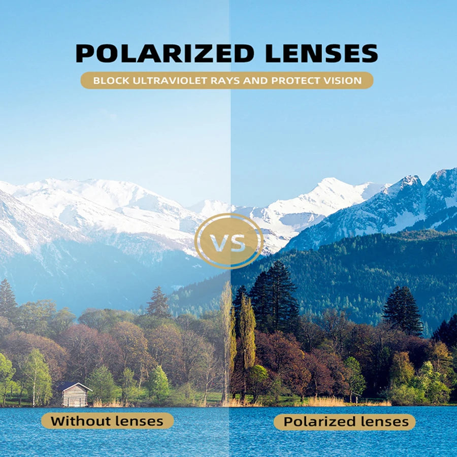 Comparison image showing polarized lenses versus non-polarized lenses in a mountainous outdoor setting
