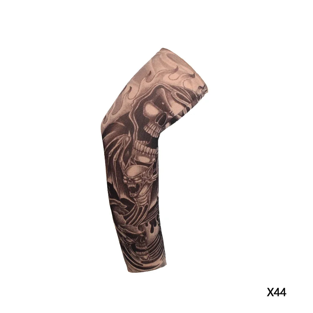 A dark gray reusable stretch tattoo arm sleeve featuring a detailed skull design on the forearm.