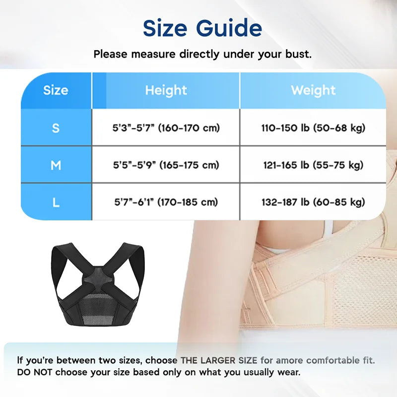 Size guide showing measurements for S, M, and L sizes of an adjustable posture corrector