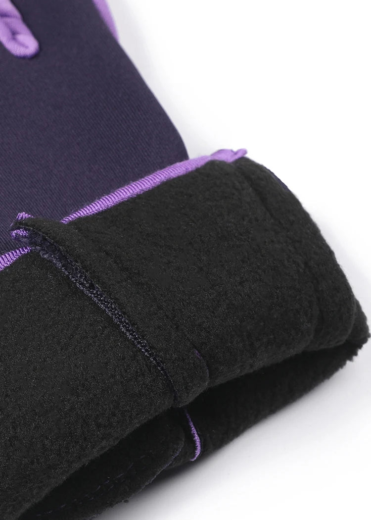 Purple and black touchscreen gloves shown on a hand, featuring a purple cuff detail.