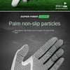 Close-up of a white and black golf glove showing palm non-slip particles on a green field.