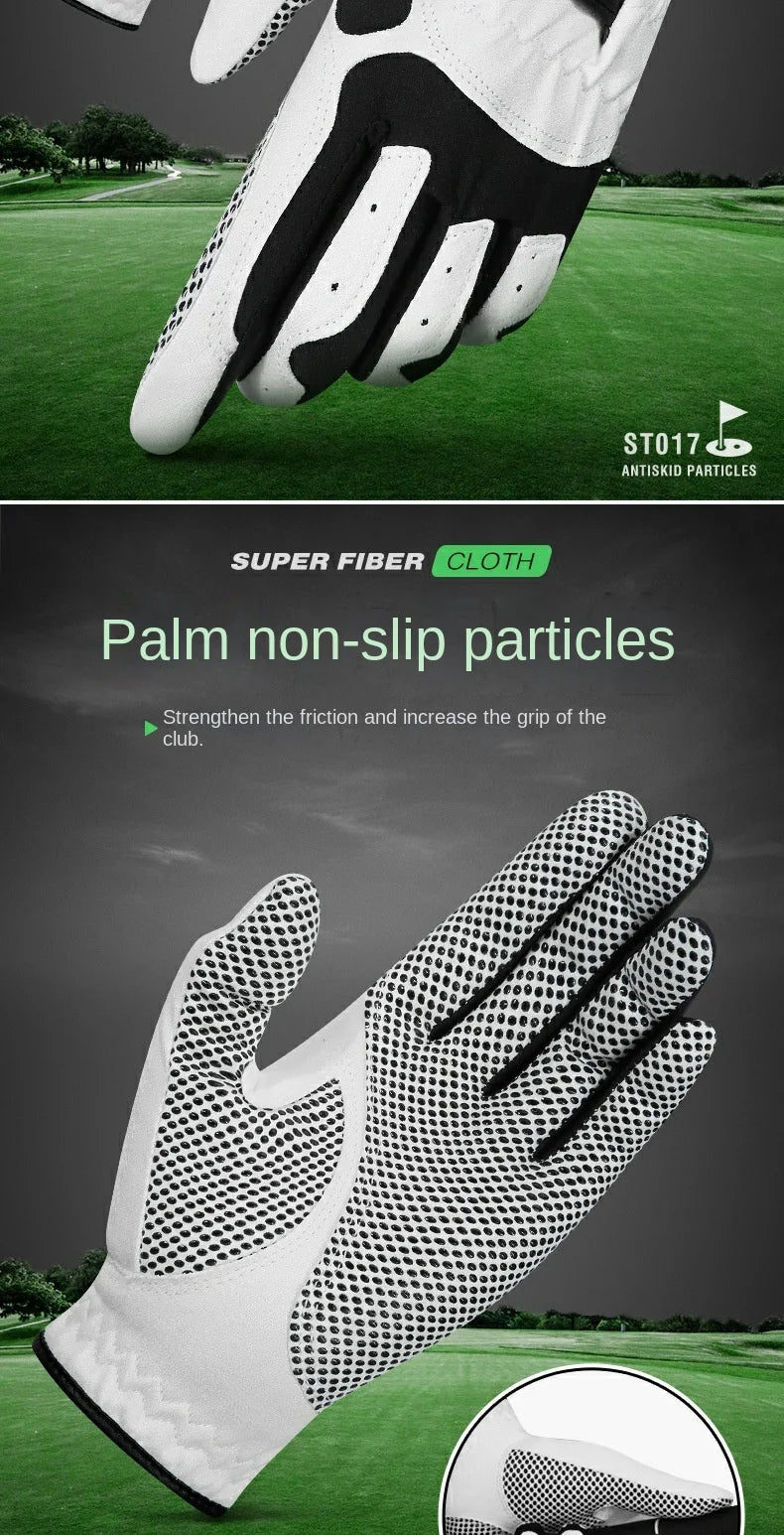 Close-up of a white and black golf glove showing palm non-slip particles on a green field.