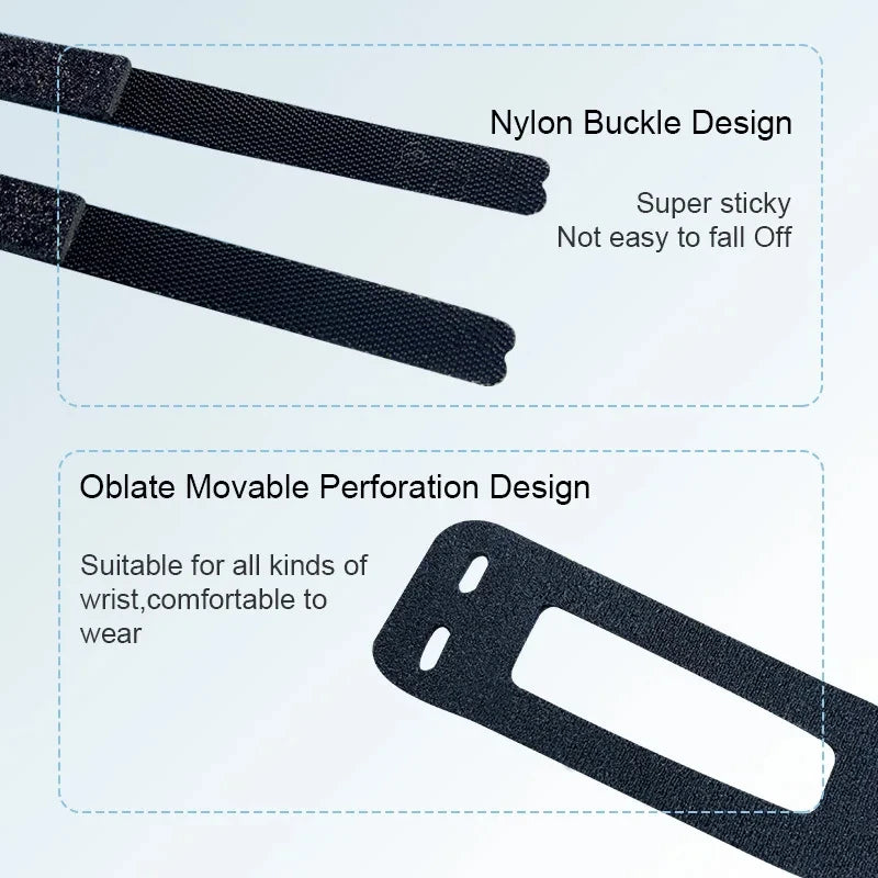 Black nylon elastic pressure wrist strap with a buckle design and an oblate movable perforation for comfortable wear
