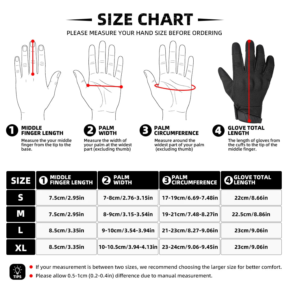 Size chart for motorcycle riding full finger gloves showing measurements for different sizes.