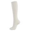 A white compression sock shown standing upright.