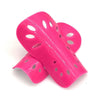 A bright pink adjustable EVA soccer shin guard with multiple perforations.