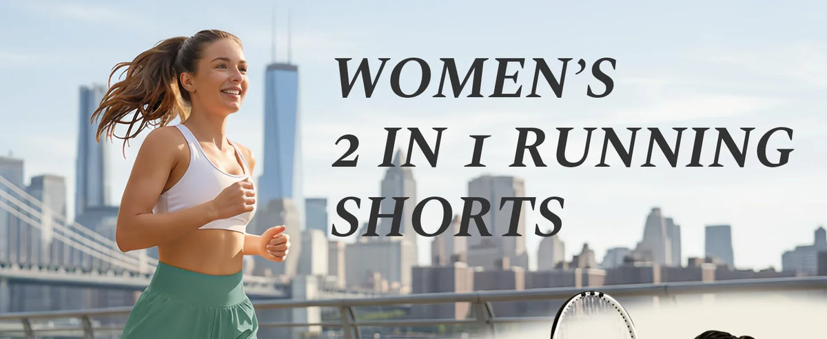 Eine Frau rennt in grünen Sportshorts vor einer Stadtlandschaft.