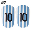 Two mini soccer shin guards featuring vertical blue and white stripes with the number 10 printed in black.