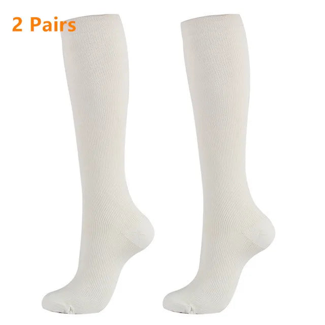 A pair of white high-compression knee-high stockings for circulation and comfort.
