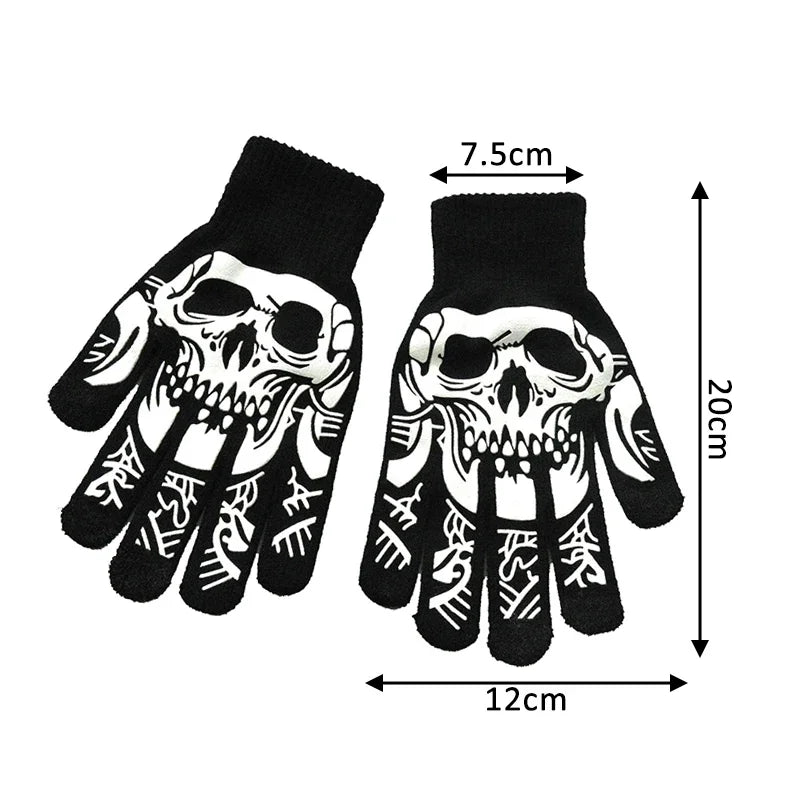 Black luminous skeleton hand gloves shown with dimensions.