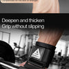 A hand grips a barbell with a black wrist wrap and hook, demonstrating heavy duty weight lifting equipment.