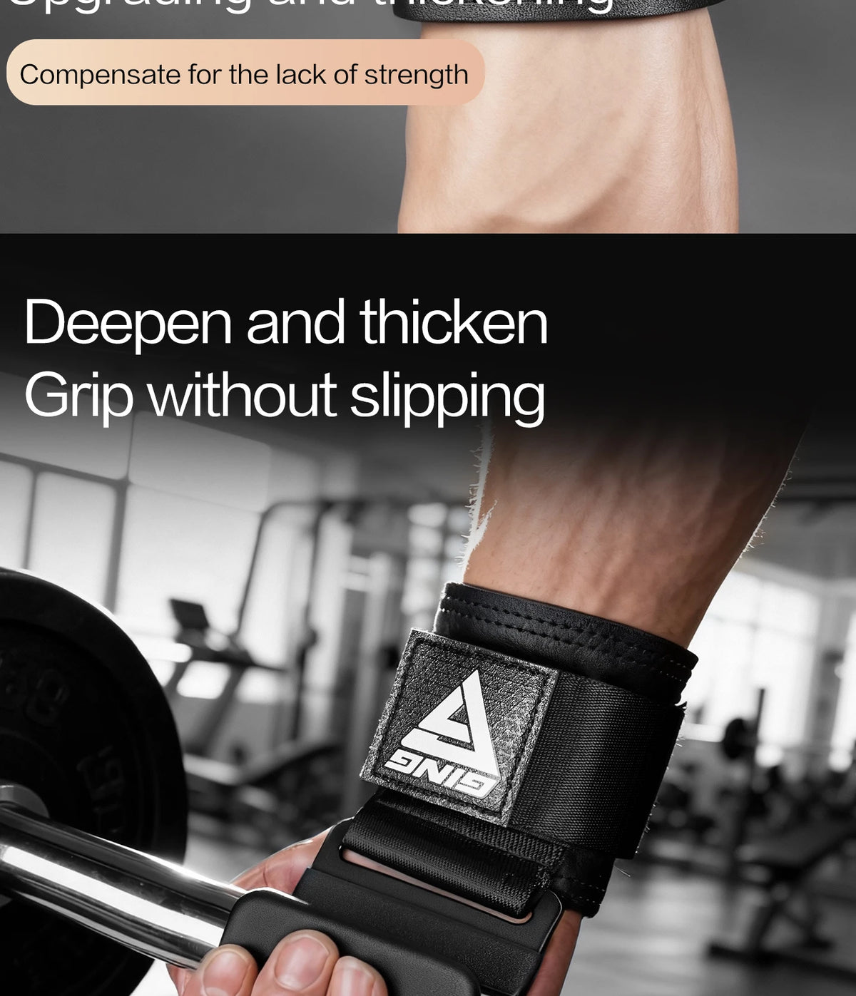 A hand grips a barbell with a black wrist wrap and hook, demonstrating heavy duty weight lifting equipment.