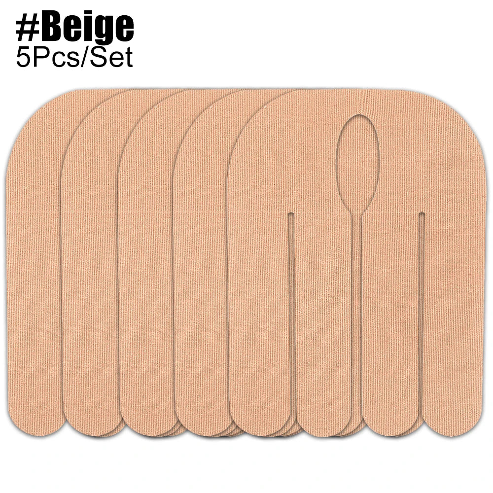 A set of five beige kinesiology tapes for sports recovery.
