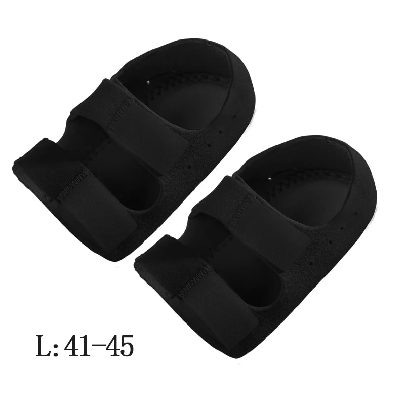 A pair of black adjustable gel heel cups for foot pain relief, shown from above.
