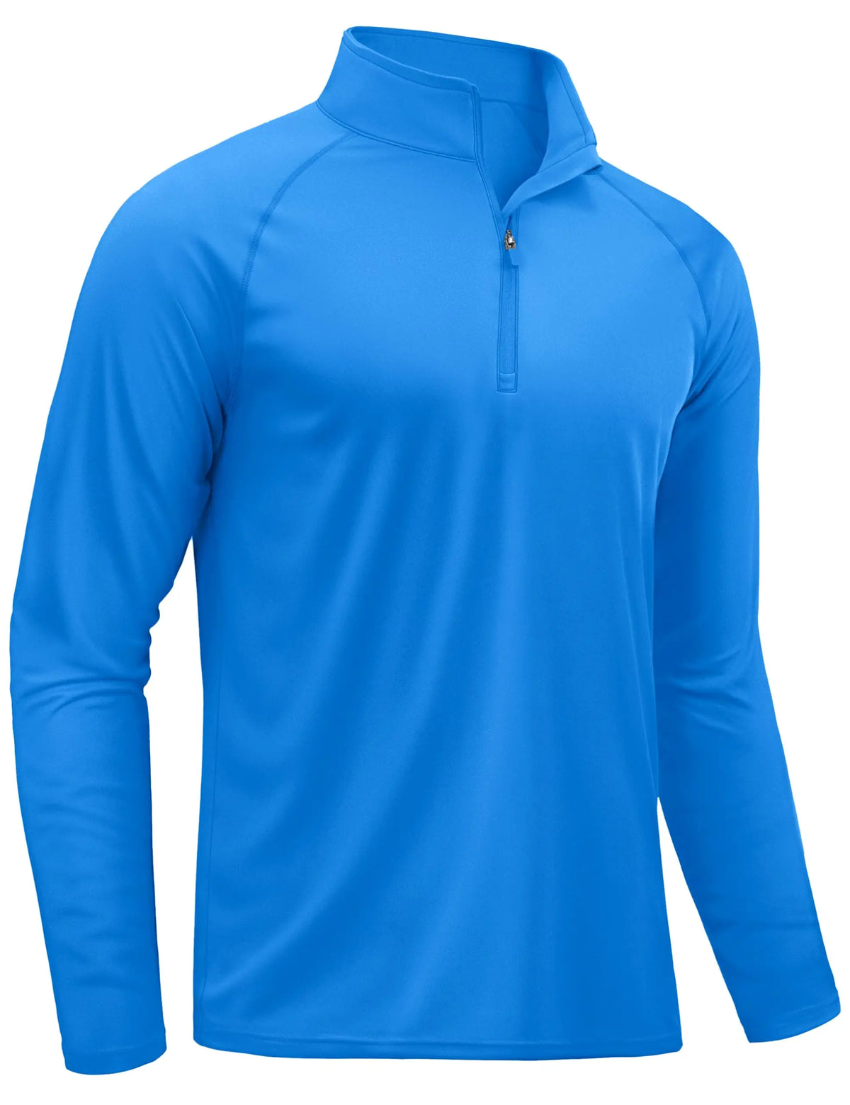 A bright blue men's lightweight UV protection long sleeve shirt shown in a full-length view.