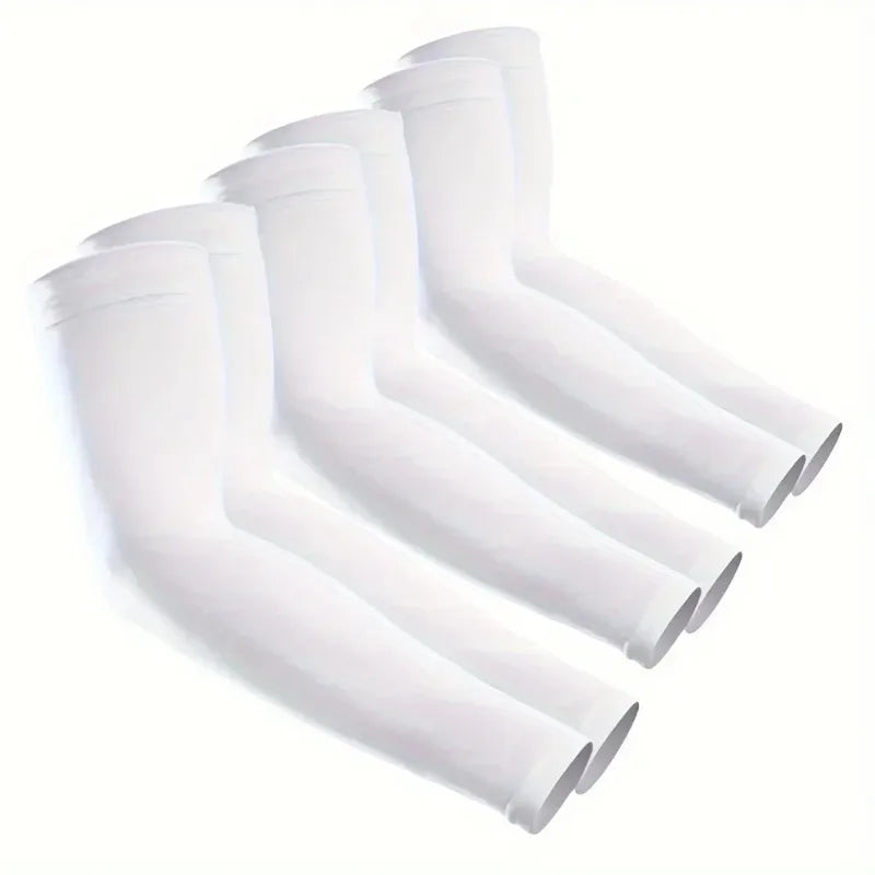 A set of white ice silk UV protection arm sleeves displayed in a row.