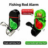 A pair of clip-on fishing rod alarms, one black and one green, featuring single or double light delay flash functionality.