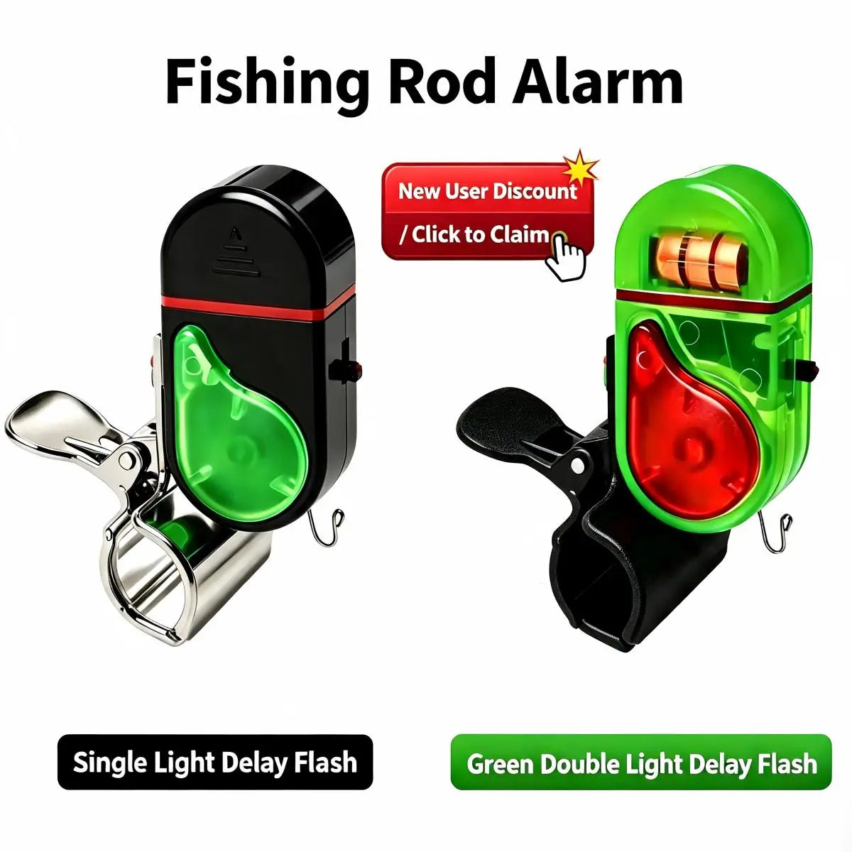 A pair of clip-on fishing rod alarms, one black and one green, featuring single or double light delay flash functionality.