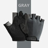 Gray performance weightlifting grip gloves shown against a light gray background.