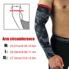 Black patterned compression arm sleeves shown on a person's arm, with size measurements provided.